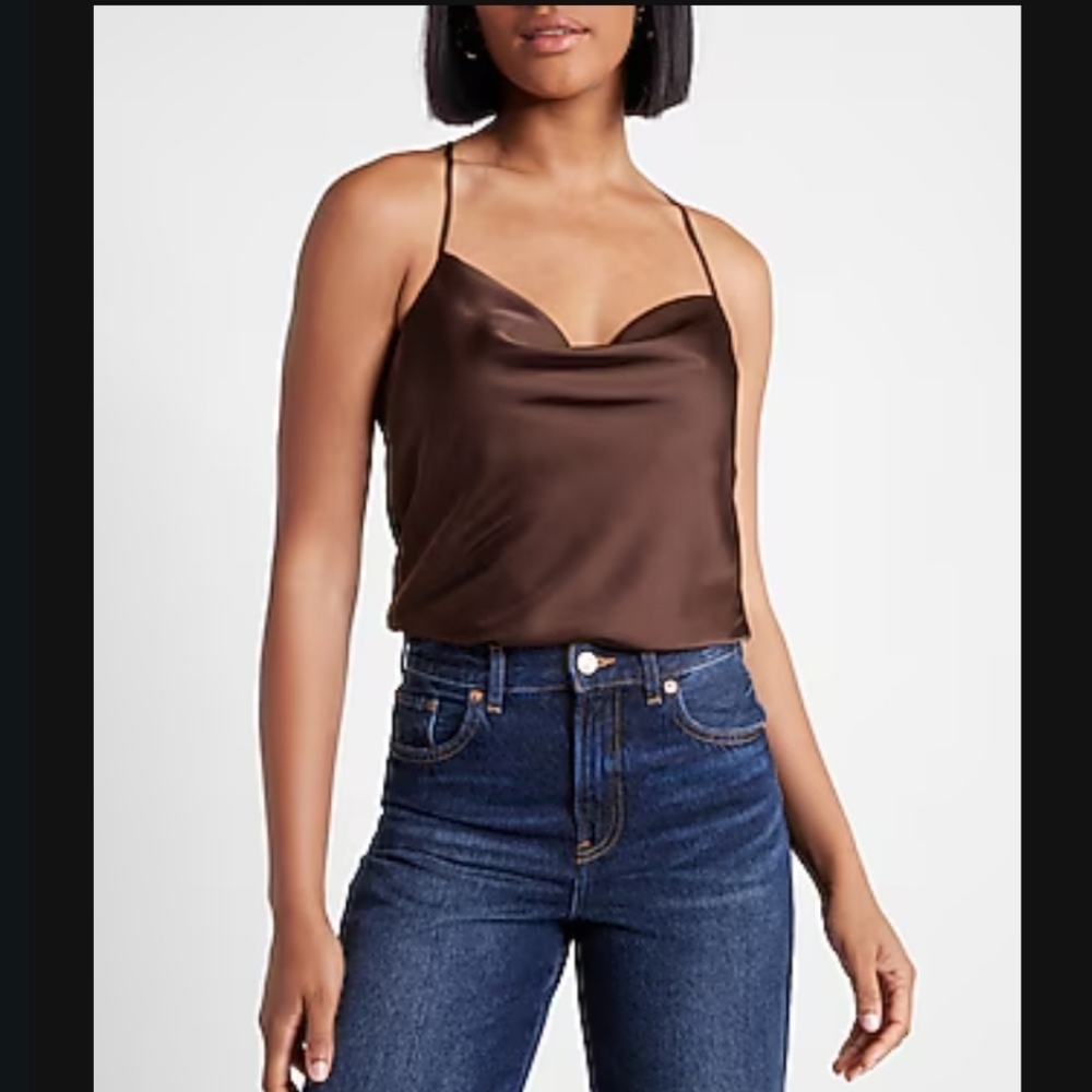 NWT Express Satin Racerback Cowl Neck Cami Sz S Espresso Brown